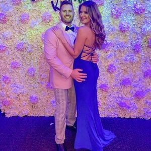 La Femme Blue Plunge Evening Gown